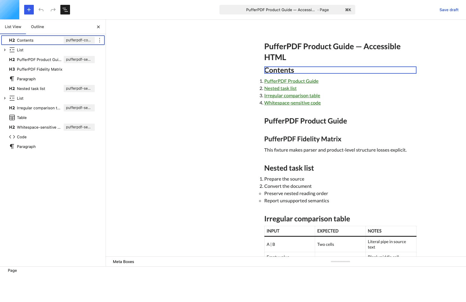Generated PufferPDF document open as editable native blocks in the WordPress editor