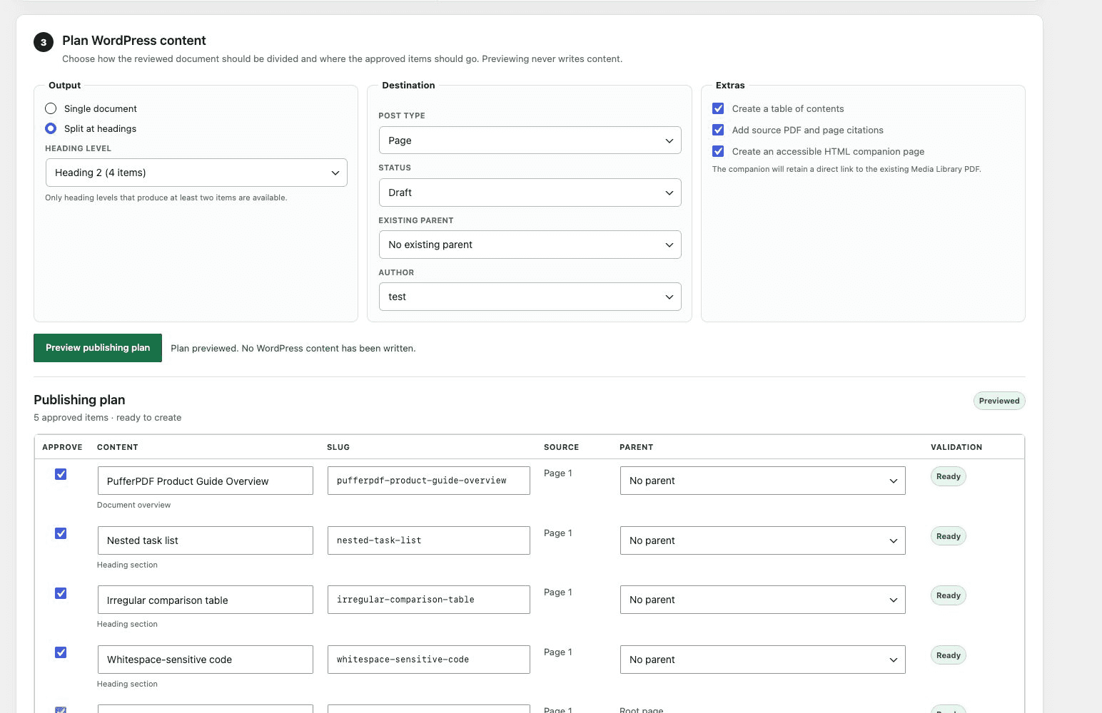 PufferPDF publishing plan with heading split, draft destination, citations, and companion options